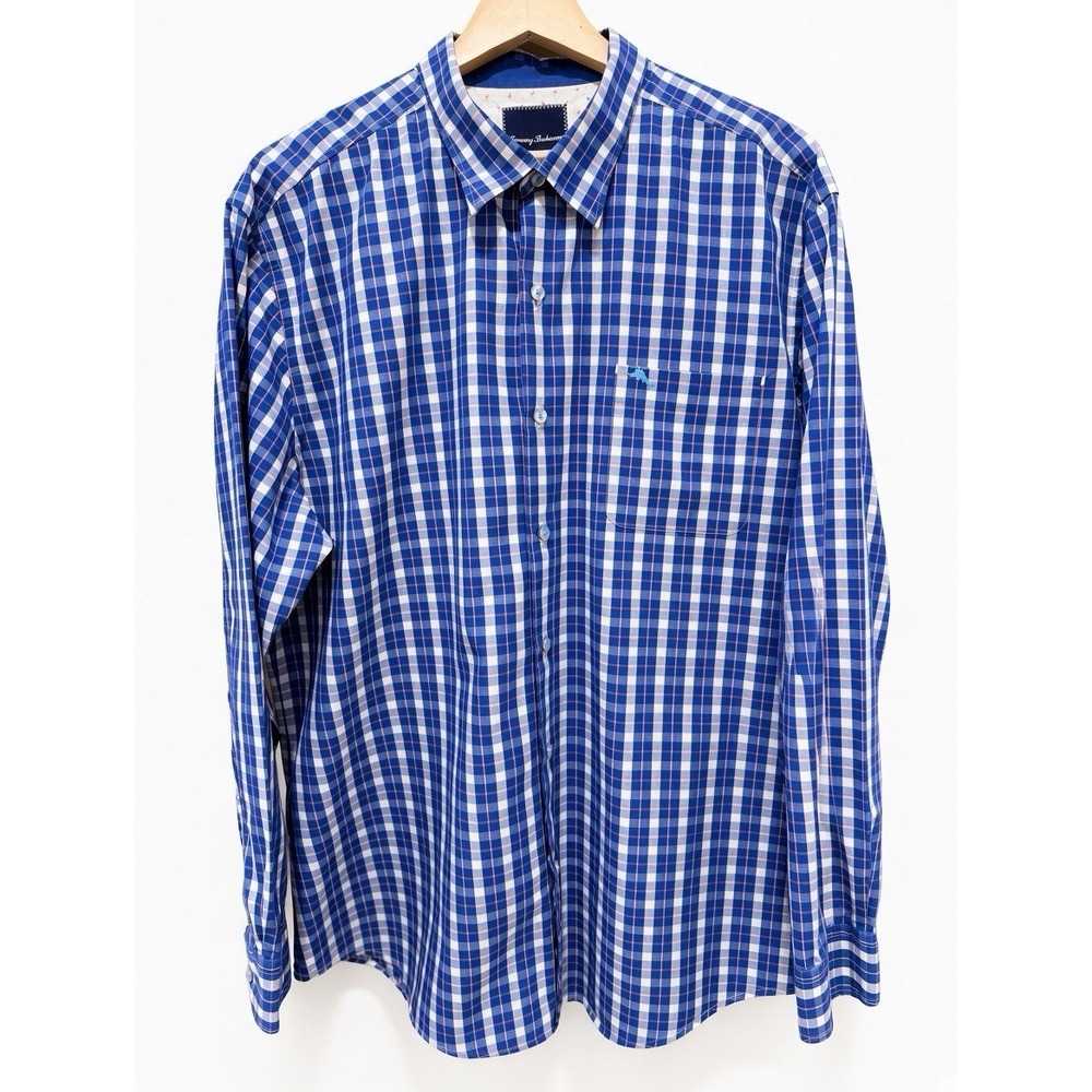 Tommy Bahama Men's ExtraLarge Blue Pink Plaid 100% Cotton Long Sleeve Shirt Nwot